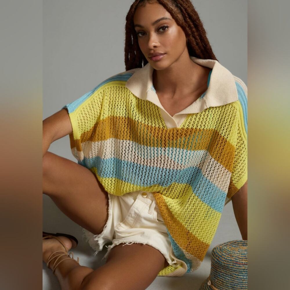 Maeve Multi-Color Striped Open Knit Short Sleeve Top